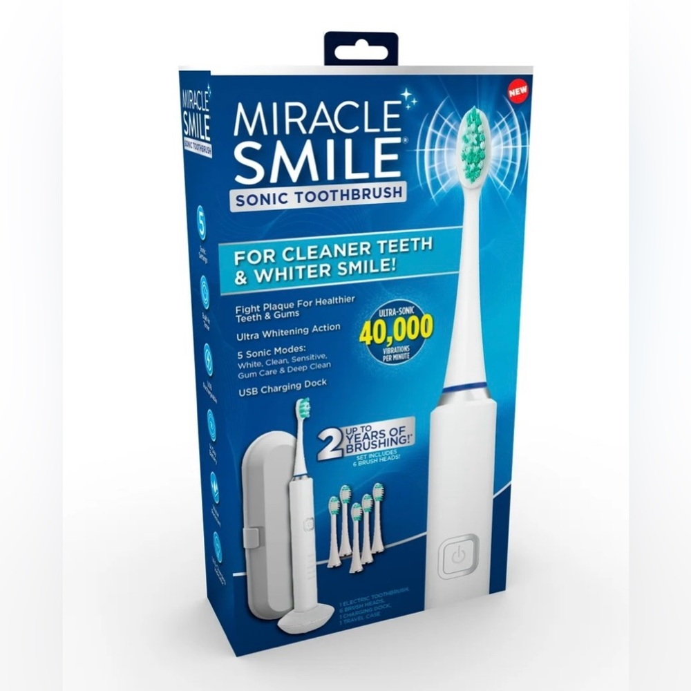 NWT 🦷 Miracle Smile Electric Sonic Toothbrush 6 Brush Heads Charger Sealed white